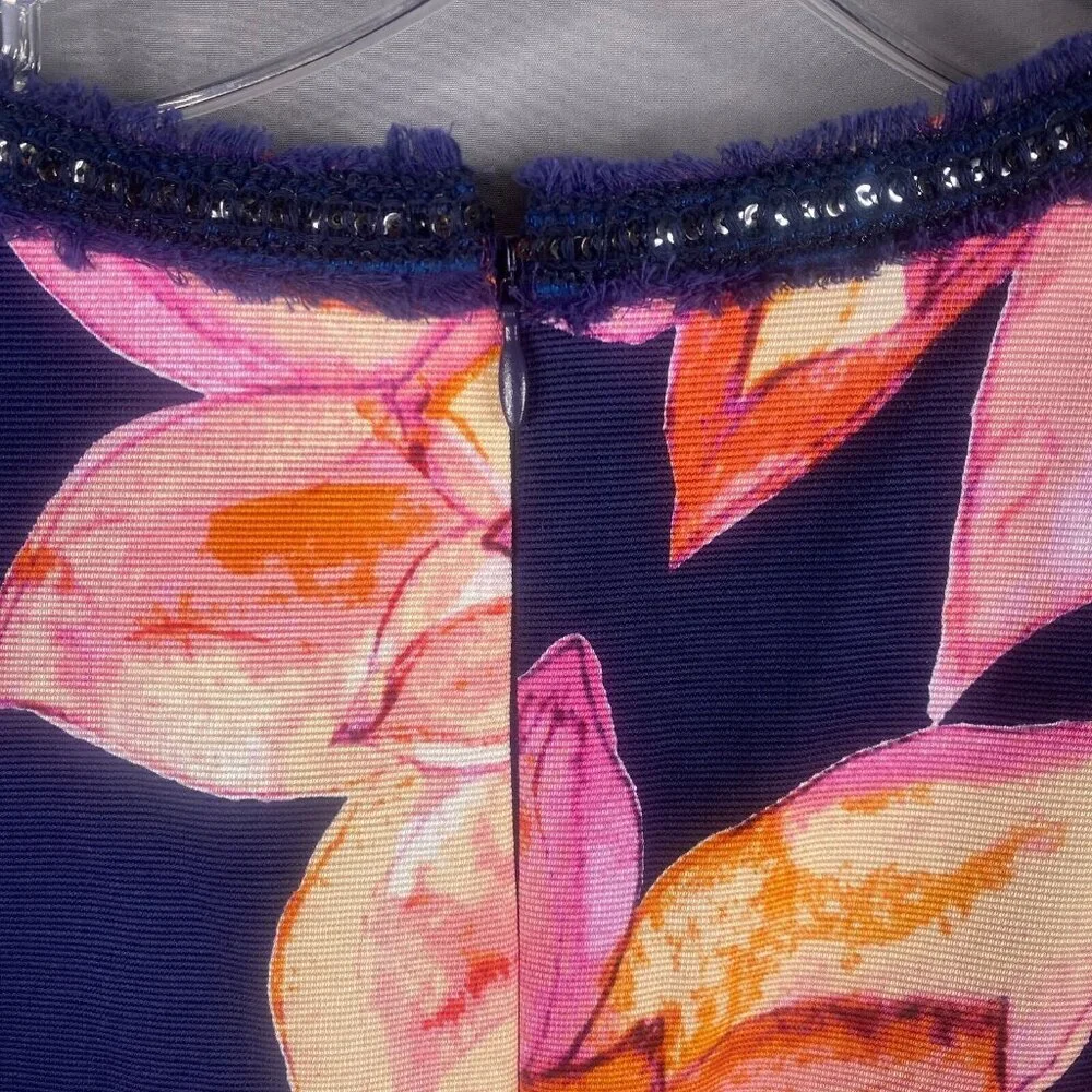 Trina Turk Dress Womens 10 Blue Floral Drop Waist Resort Embellished - Picture 7 of 13